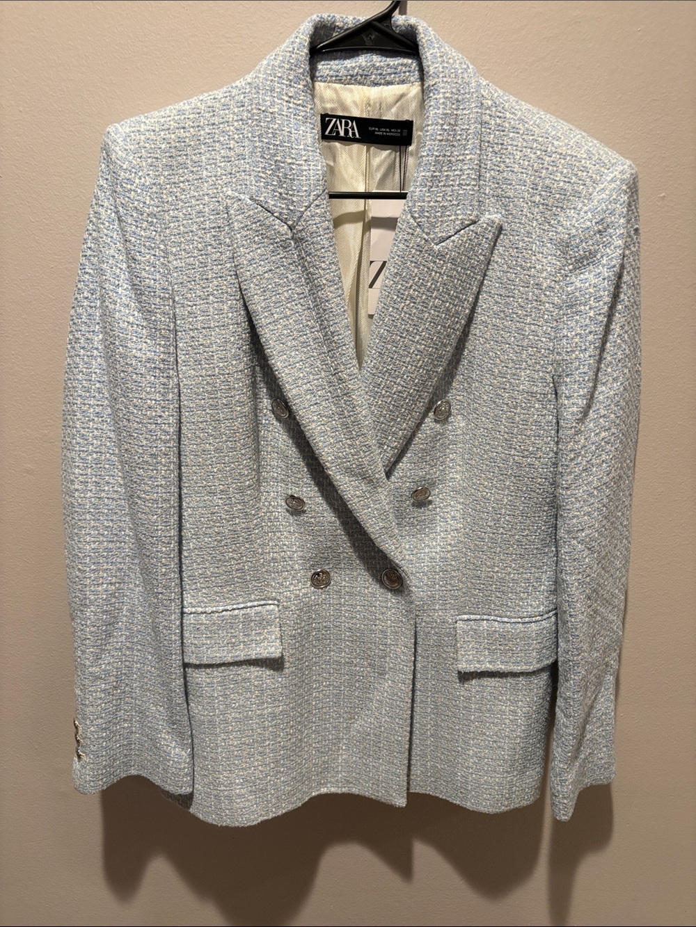 ZARA Pale Blue Tweed Double-Breasted Blazer